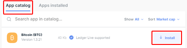 Ledger Liveのmanagarからビットコインアプリをインストール