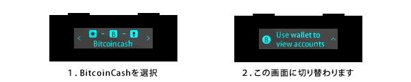 Ledger Nano Sの場合、ビットコインキャッシュのアイコンを選択（左右ボタン同時押し）、２の画面に切り替わります。